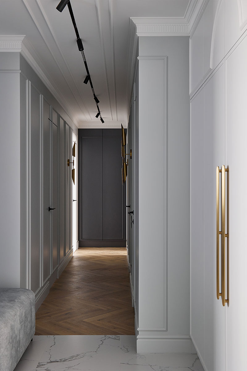 Длинный серый коридор с деревянным полом