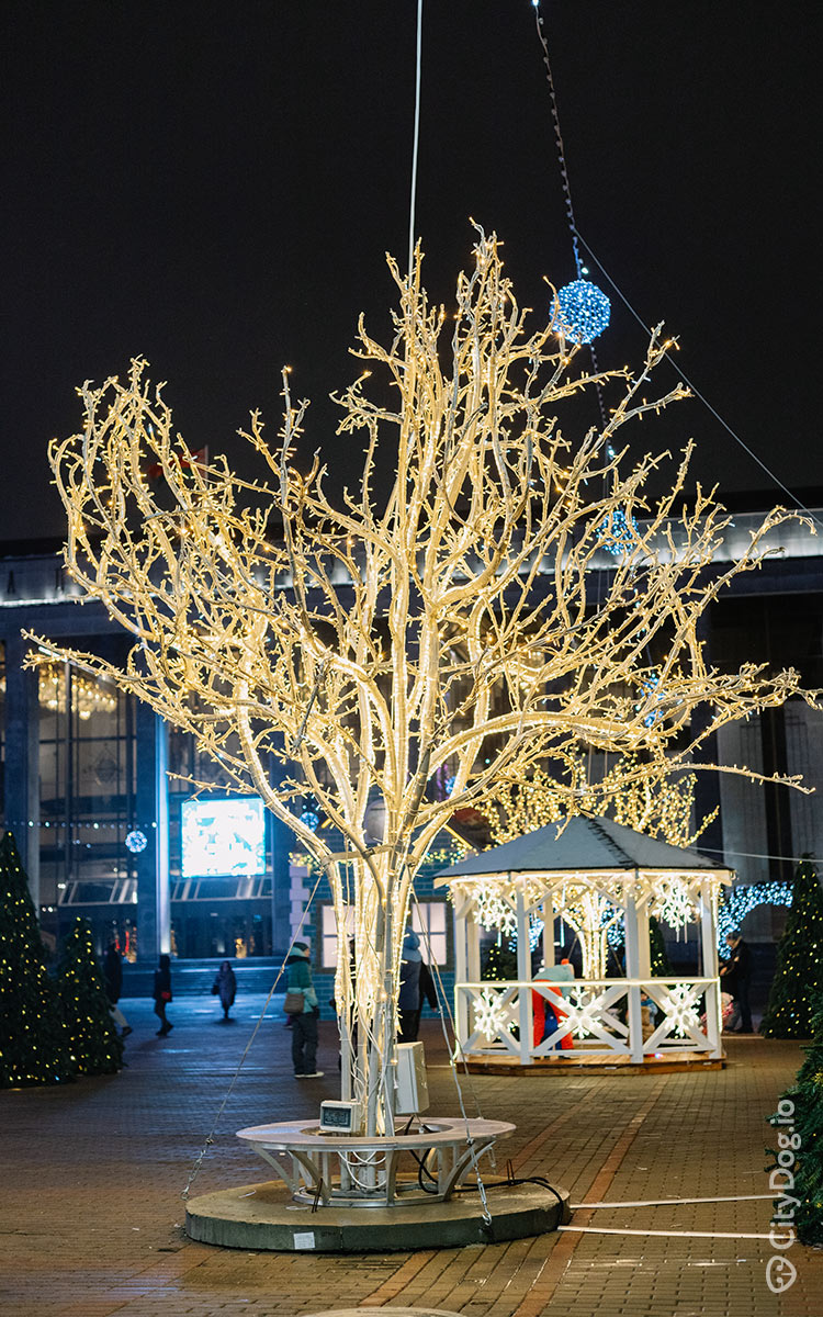Световые инсталляции в виде деревьев на городской площади.
